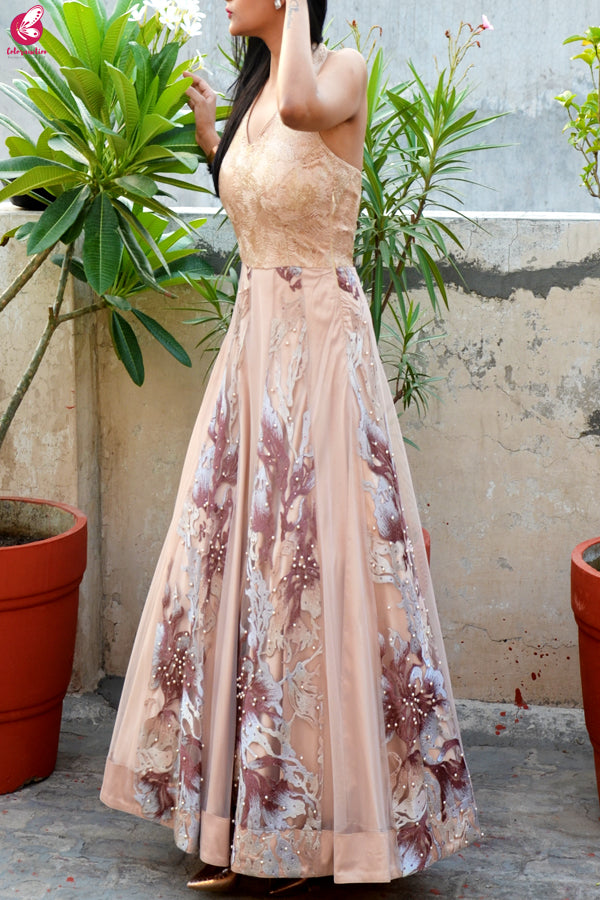 Cream Padded Backless Embroidered Dress