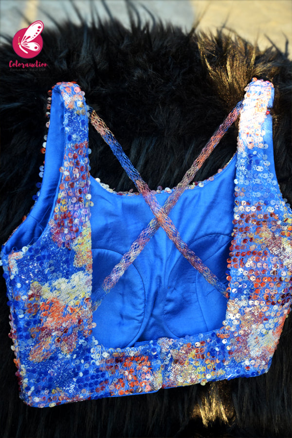 Multicoloured Sequins Criss-Cross Strap Back Padded Blouse