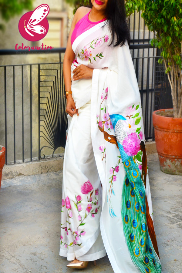 White Pink Hand-painted Silk Crepe Satin Taping Saree