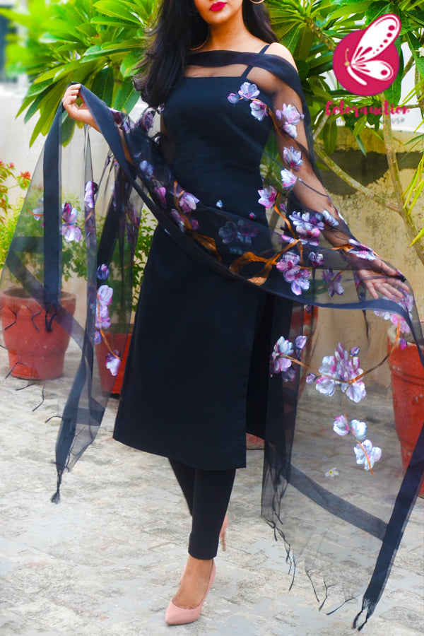 Black Organza Cherry Blossoms Floral Hand painted Stole