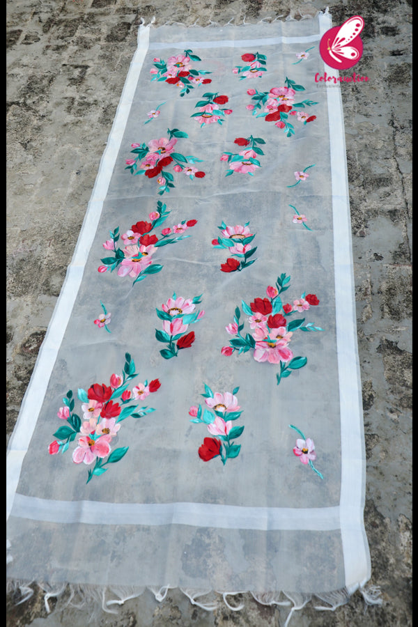 Off White Multicoloured Floral Pure Organza Stole