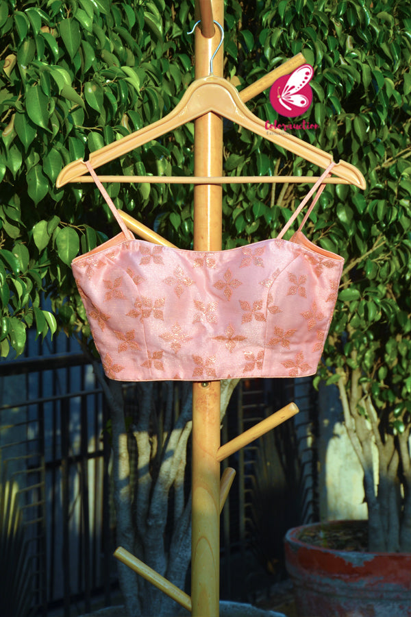 Peach Pure Organza Embroidered Padded Strappy Blouse