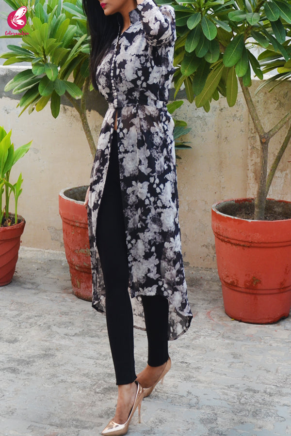 Black &amp; White Printed Floral Georgette Asymmetric Long Kurti