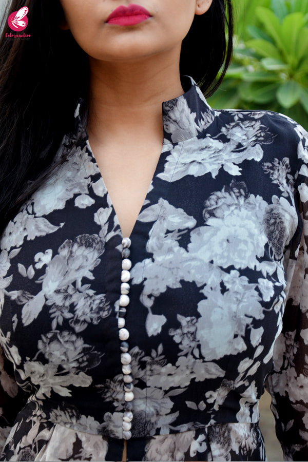 Black &amp; White Printed Floral Georgette Asymmetric Long Kurti