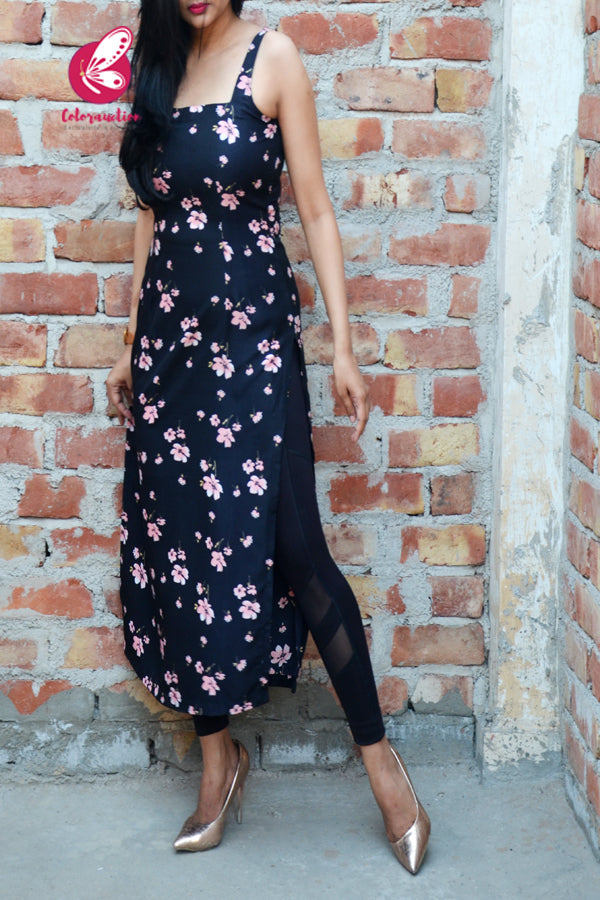 Black Crepe Printed Floral Kurti with Back Zip