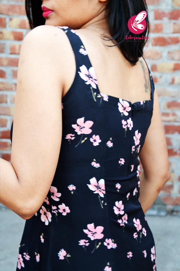 Black Crepe Printed Floral Kurti with Back Zip