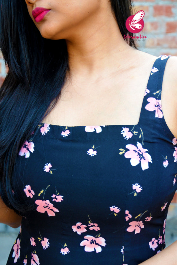 Black Crepe Printed Floral Kurti with Back Zip