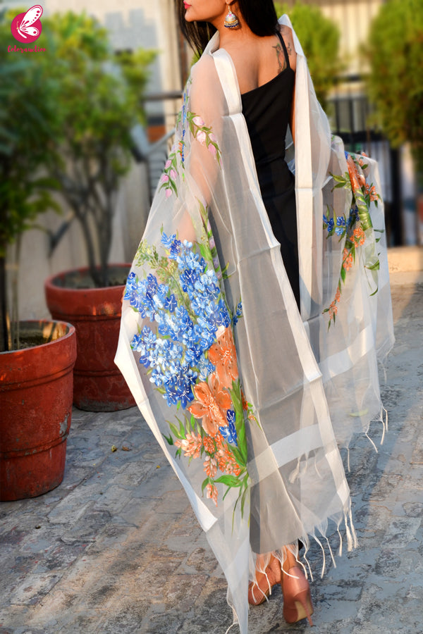 White Organza Hand painted Multicolored Floral Stole