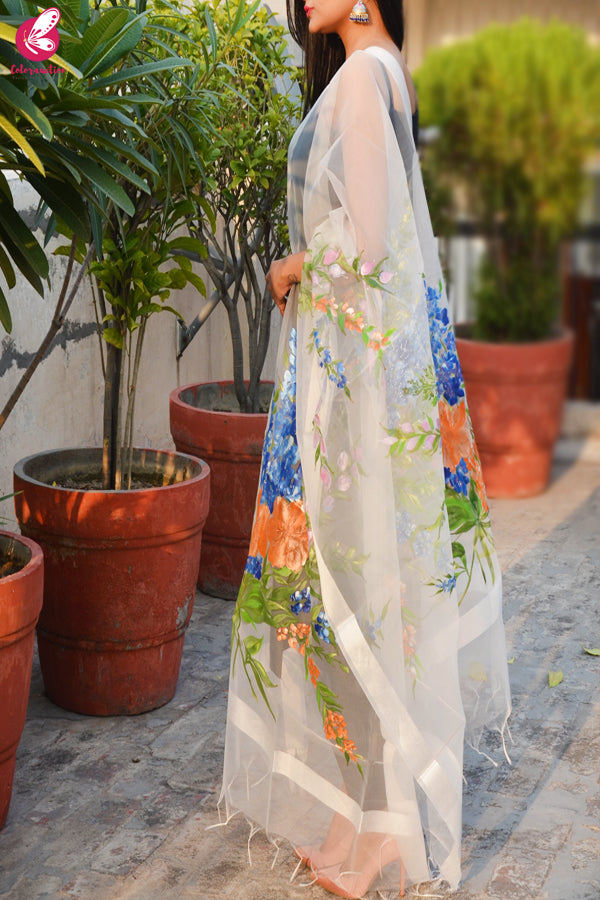White Organza Hand painted Multicolored Floral Stole
