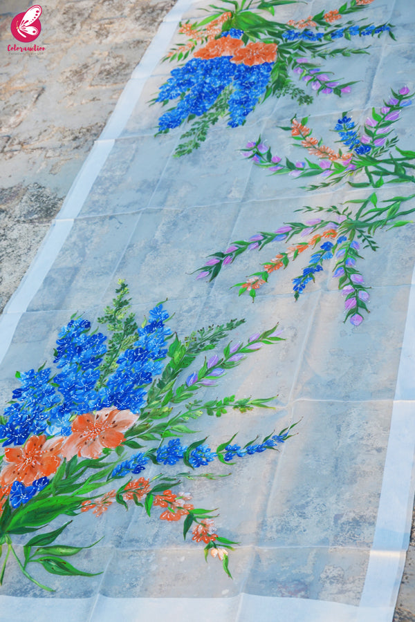 White Organza Hand painted Multicolored Floral Stole
