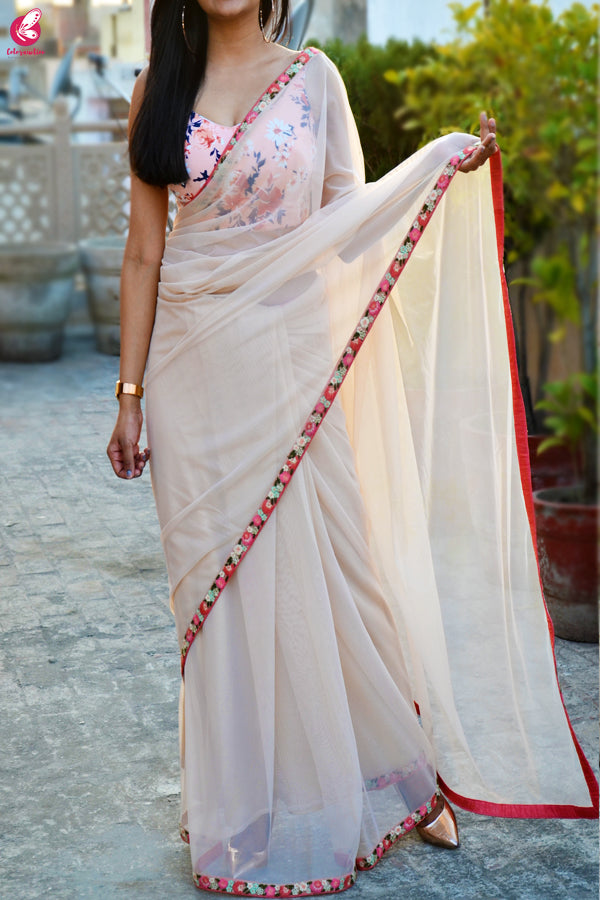 Cream Net Embroidered Border Saree