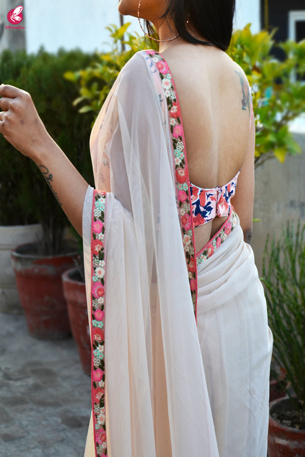 Cream Net Embroidered Border Saree