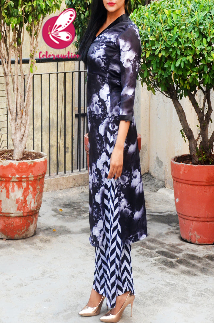 Black Satin Printed Floral Kurti Set