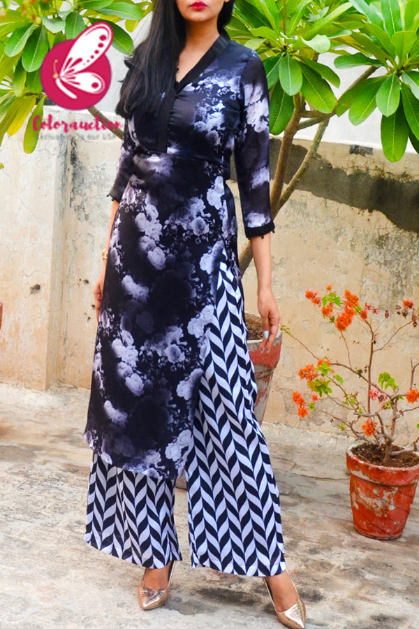 Black Satin Printed Floral Kurti Set