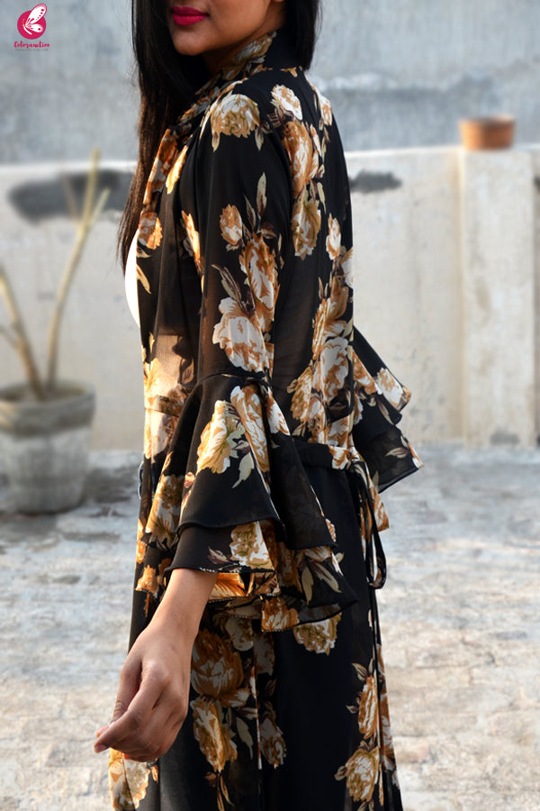 Black Printed Georgette Quarter Sleeves Long Shrug