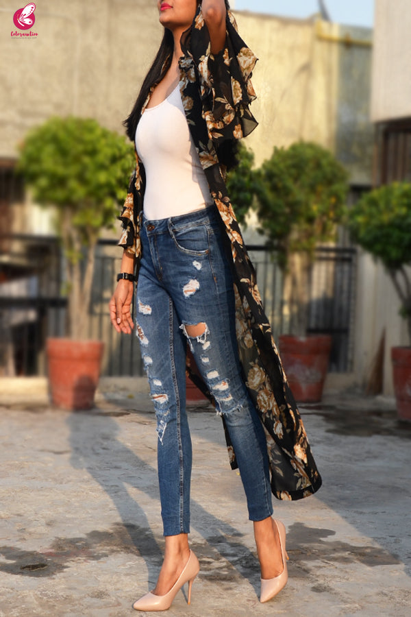 Black Printed Georgette Quarter Sleeves Long Shrug