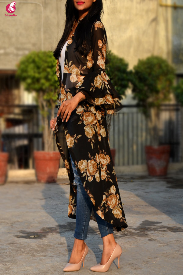 Black Printed Georgette Quarter Sleeves Long Shrug