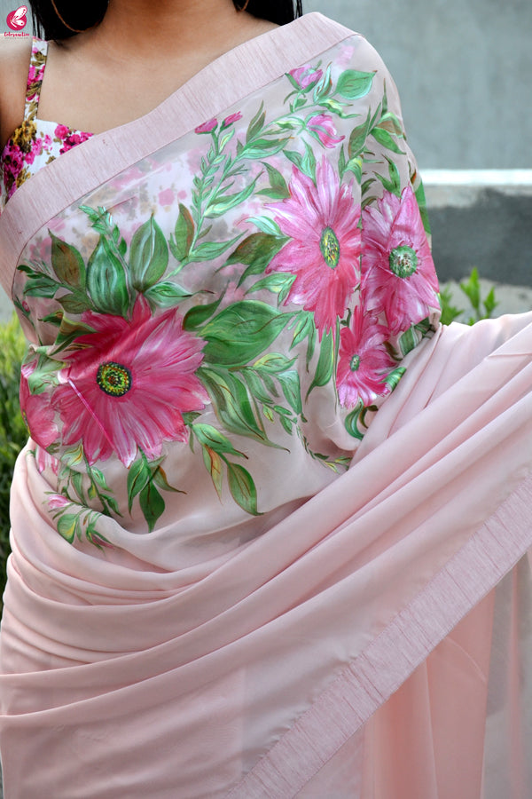 Light Pink Hand-painted Pure Silk Chiffon Saree