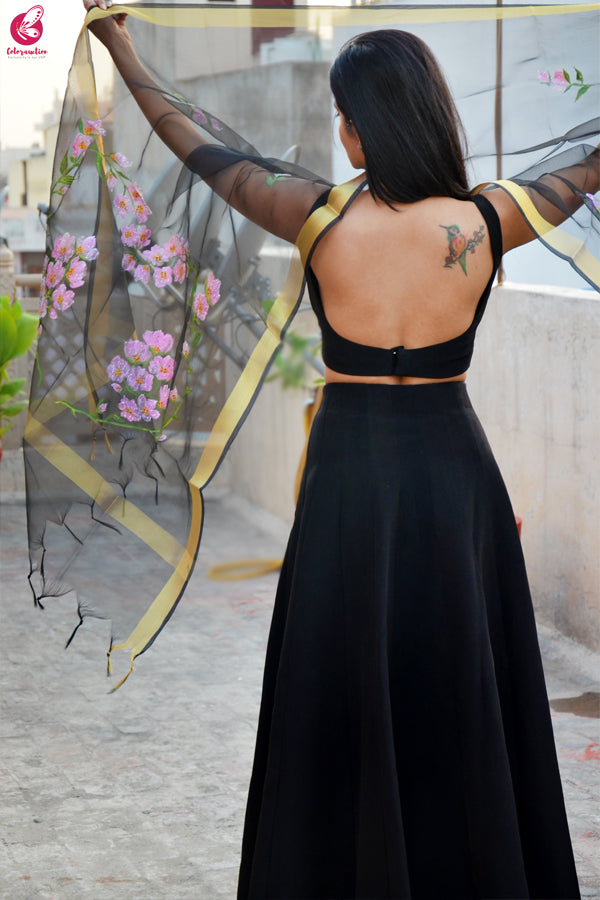 Black Organza Hand painted Floral Stole
