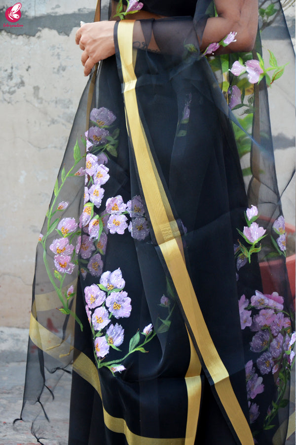 Black Organza Hand painted Floral Stole