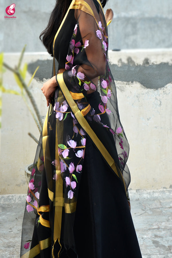 Black Organza Handpainted Floral Stole