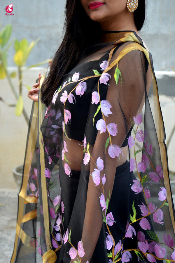Black Organza Handpainted Floral Stole