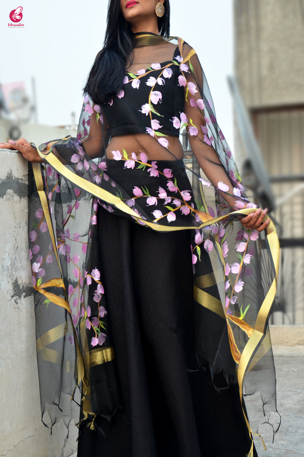 Black Organza Handpainted Floral Stole