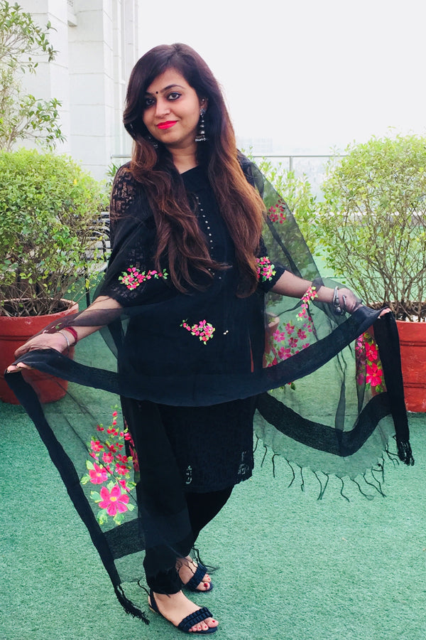 Black Organza Hand-Painted Floral Stole