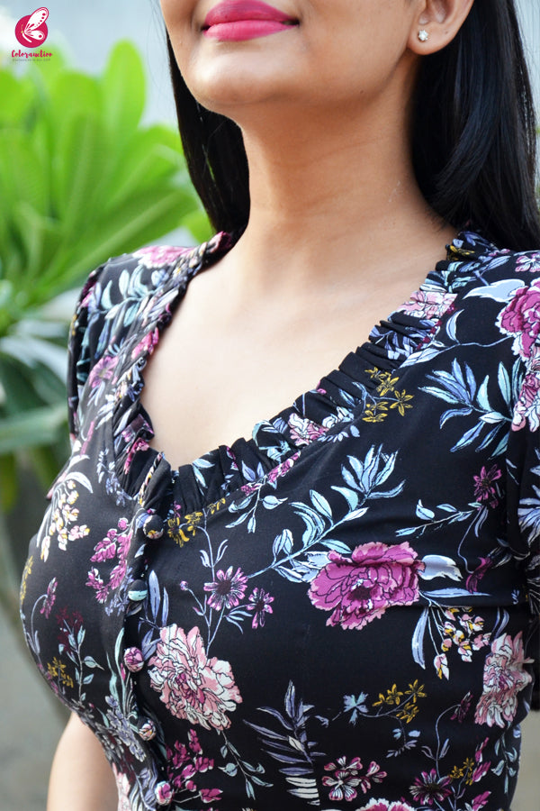 Black Printed Modal Rayon Puffed Sleeve Front Slit Kurti