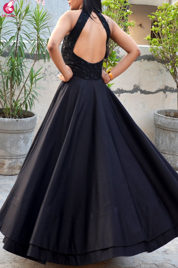 Black Padded Double Flair Embroidered Dress