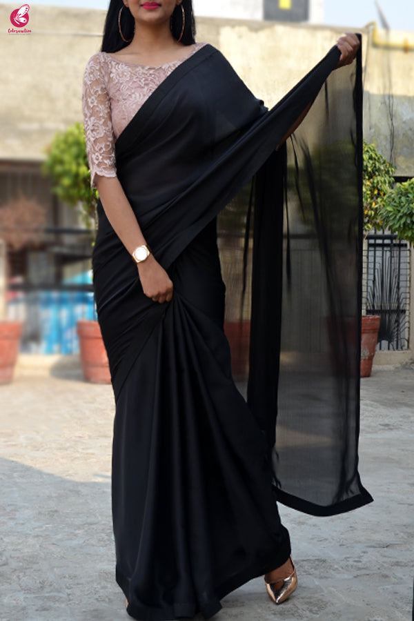 Black Satin Dupion Silk Taping Saree