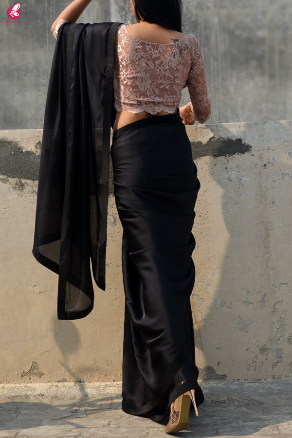 Black Satin Dupion Silk Taping Saree