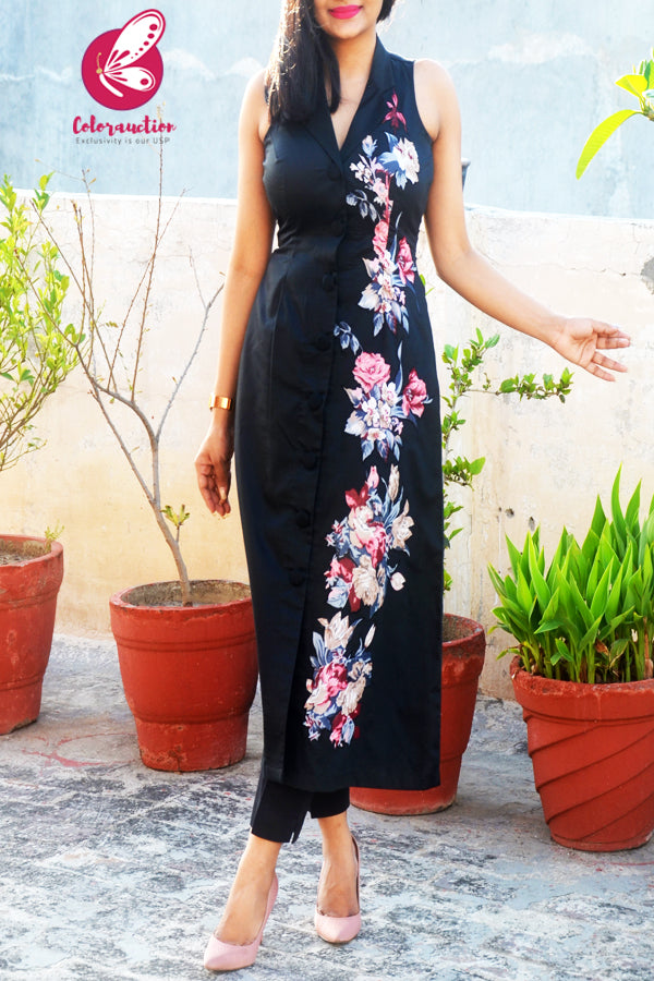 Black Cotton Silk Floral Applique Kurti with Black Cotton Silk Pants
