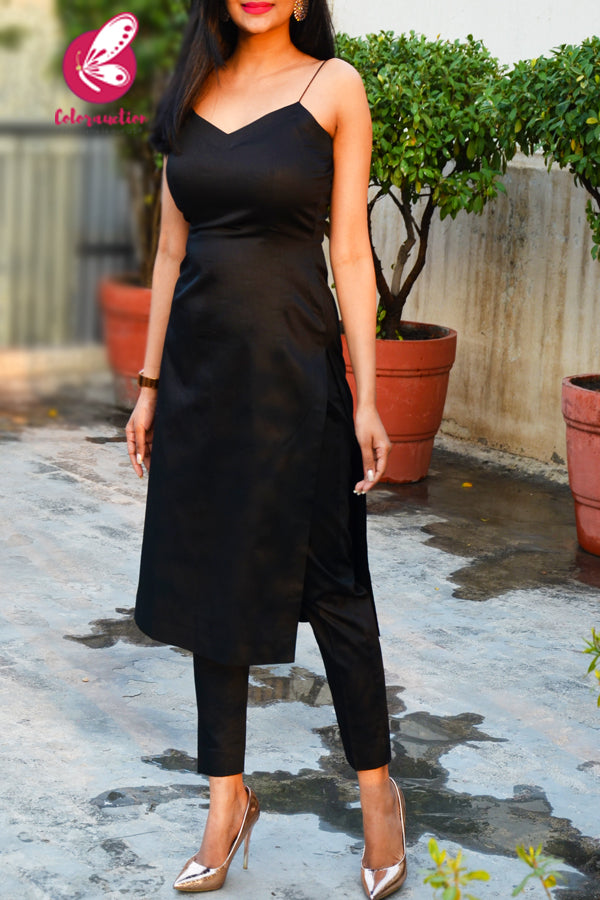 Black Cotton Silk Kurti Set