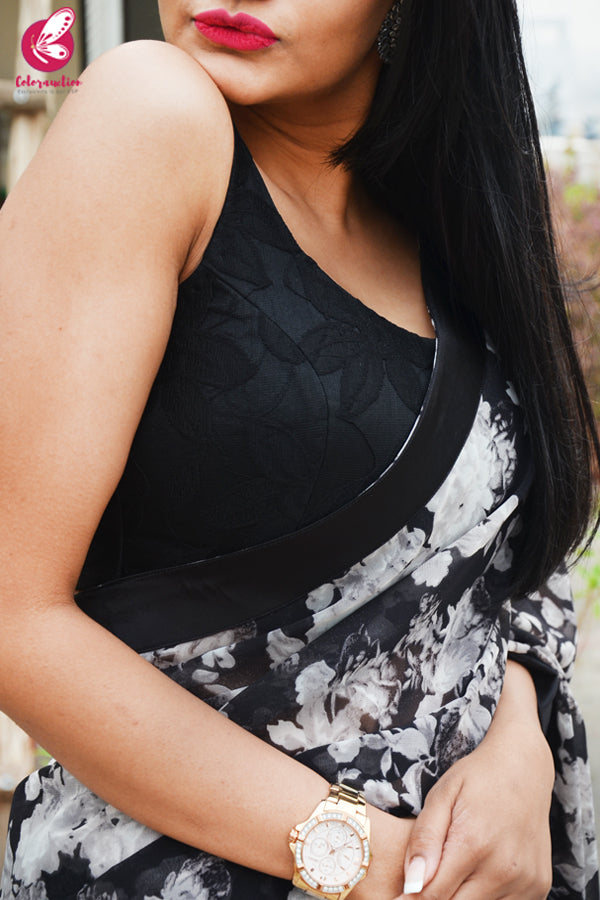 Black &amp; White Printed Georgette Black Satin Taping Saree