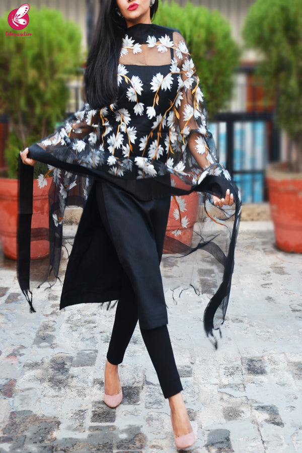 Black Organza Handpainted Floral White Stole