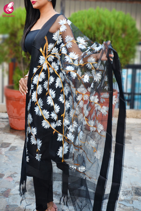 Black Organza Handpainted Floral White Stole