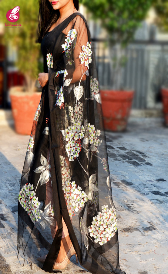 Black Organza Hand-painted Floral Stole