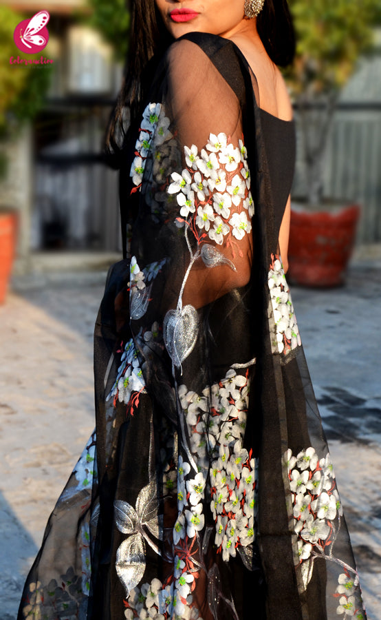 Black Organza Hand-painted Floral Stole