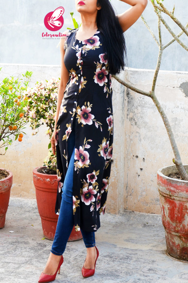 Black Floral Printed Crepe  Sleeveless Front Slit Kurti