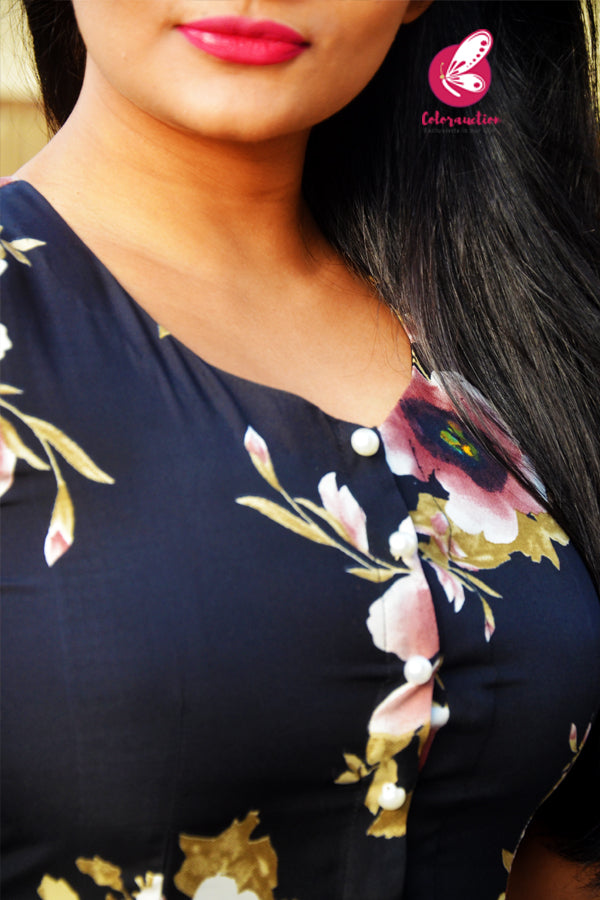 Black Floral Printed Crepe  Sleeveless Front Slit Kurti
