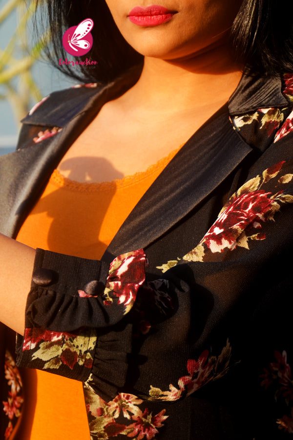Black Georgette Printed Quarter Sleeves Long Shrug
