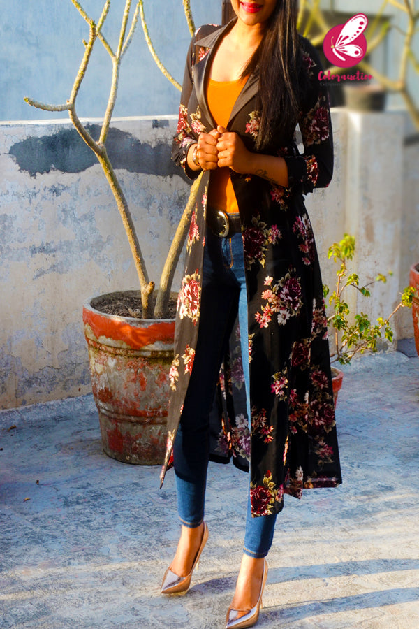 Black Georgette Printed Quarter Sleeves Long Shrug