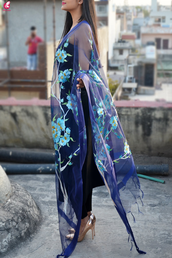 Purple Organza Floral Hand painted Stole
