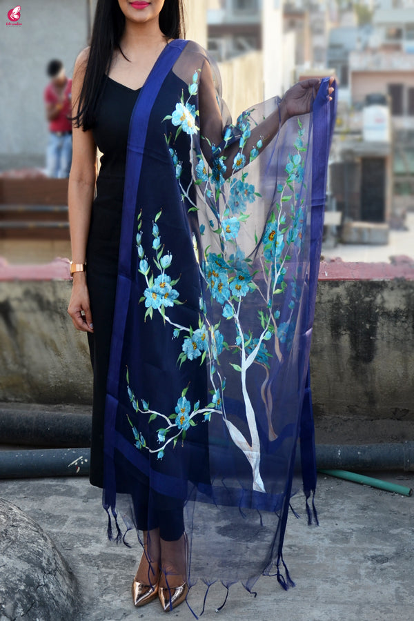 Purple Organza Floral Hand painted Stole