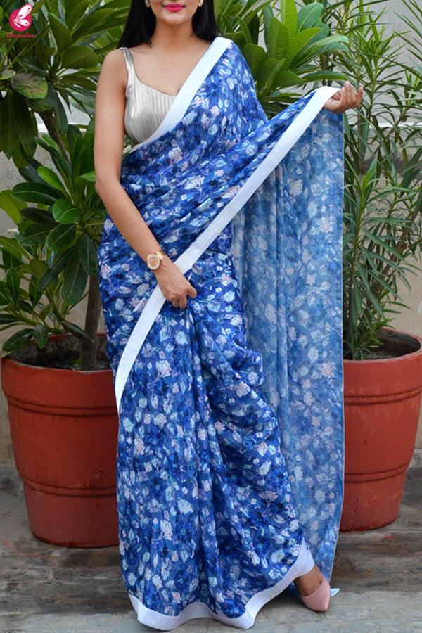 Blue &amp; White Digital Print Satin Georgette Satin Taping Saree