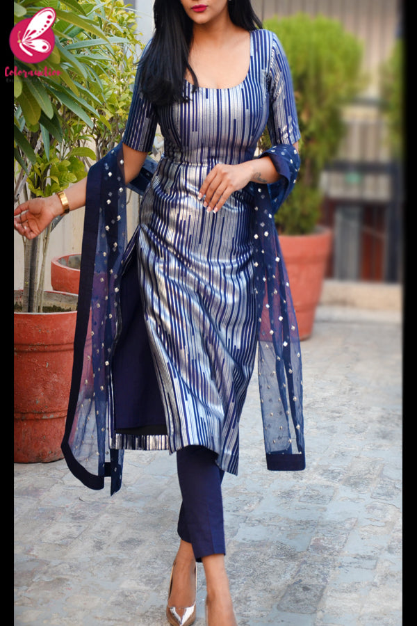 Navy Blue and Silver Padded Pure Crepe Kurti with Blue Cotton Silk Pants and Blue Net Mirror Work Net Stole
