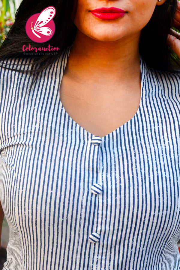 Blue &amp; White Printed Stripes Cotton Kurti Set
