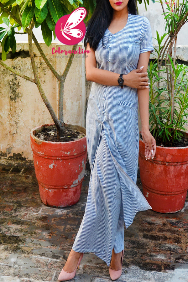 Blue &amp; White Printed Stripes Cotton Kurti Set