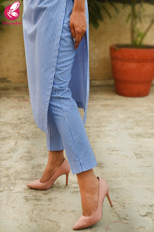 Blue Stripes Cotton Kurti Set